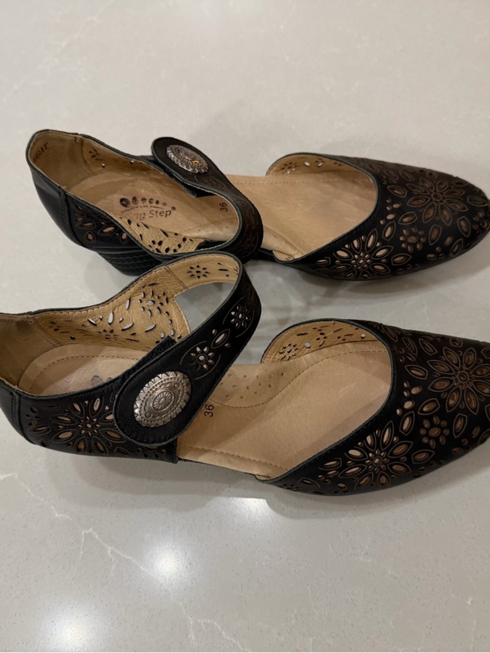 Spring Step Nougat Black Laser-Cut Mary Jane Heels with Concho Strap, 36